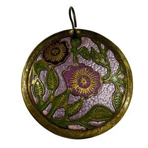 Vintage Brass & Enamel Floral Pendant With Purple, Green, Gold Colors
